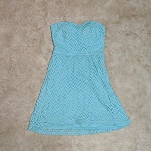 Mint chevron lace strapless dress with bow back